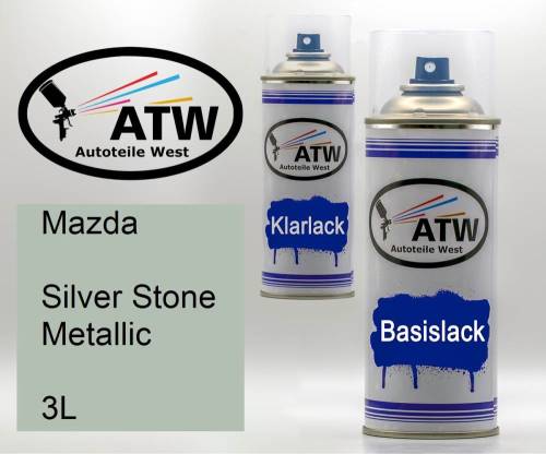 Mazda, Silver Stone Metallic, 3L: 400ml Sprühdose + 400ml Klarlack - Set, von ATW Autoteile West.